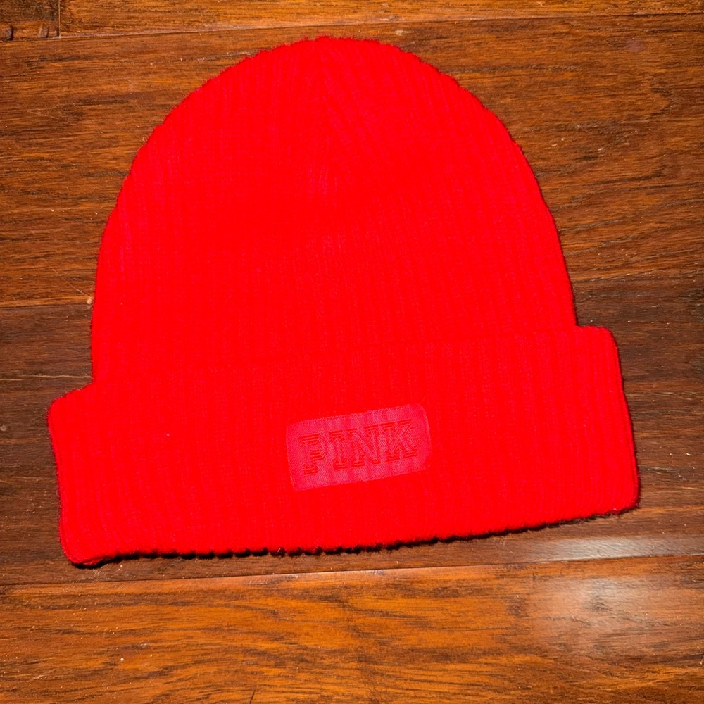 PINK Victoria's Secret Bright Red Ribbed Beanie
